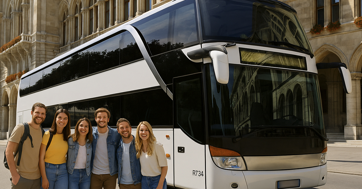 busfahrt-gruppe-touristen-1200×628 Gruppe junger Reisender vor einem modernen Reisebus von Busunternehmen Nordrhein – European Bus Service